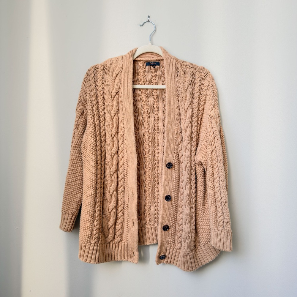 Quince Cozy Cottagecore Chunky Camel Cable Knit Cardigan Size XS Organic Cotton
